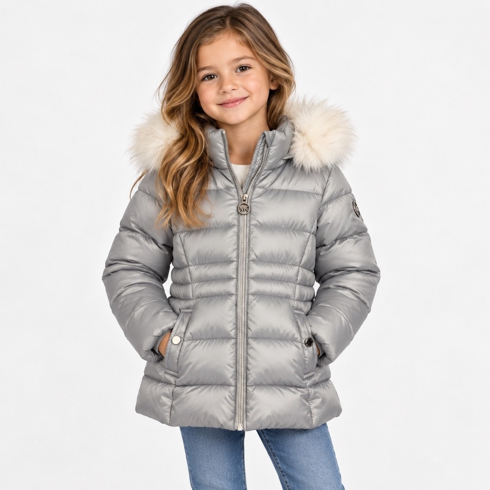 Michael Kors Girls Puffer Jacket Silver Grey Faux Fur Hood Size 5/6 NWT